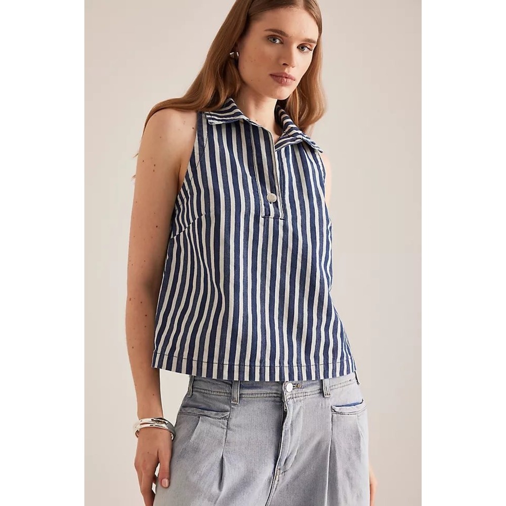 Aligne Womens Peg‎ Blue Stripe Organic Cotton Denim Sleeveless Collared Top Sz 4